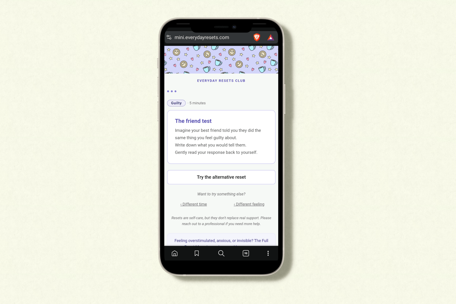 A phone mockup displaying a 5 minute reset for when you're feeling guilty called "the friend test."