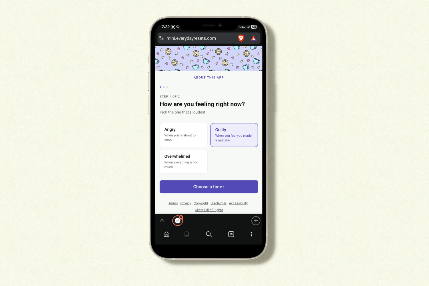 A phone screen displaying the mini reset app. The app screen asks "How are you feeling right now?" and displays the options of "angry," "guilty," and "overwhelmed."