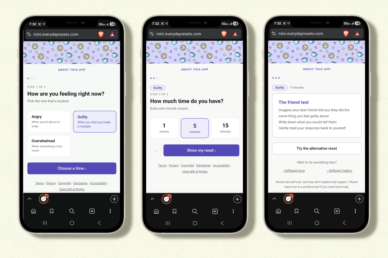 Three phone screens display the Mini Reset App. The first screen asks how you are feeling and the "guilty" option is selected. The second screen asks "How much time do you have?" and the "5 minutes" option is selected. The third screen displays a 5 minute reset called "The friend test." This reset says: "Imagine your best friend told you they did the same thing you feel guilty about. Write down what you would tell them. Gently read your response back to yourself."
