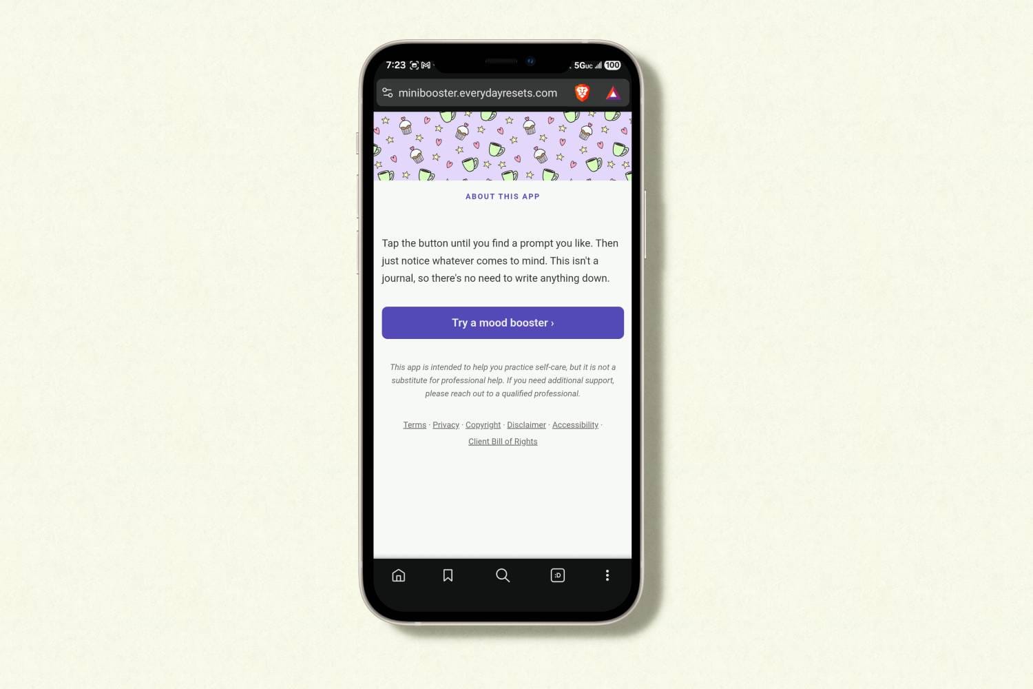 A phone screen displaying the mood booster app. It says "Tap the button until you find a prompt you like. Then just notice whatever comes to mind. This isn't a journal, so there's no need to write anything down. Try a mood booster."