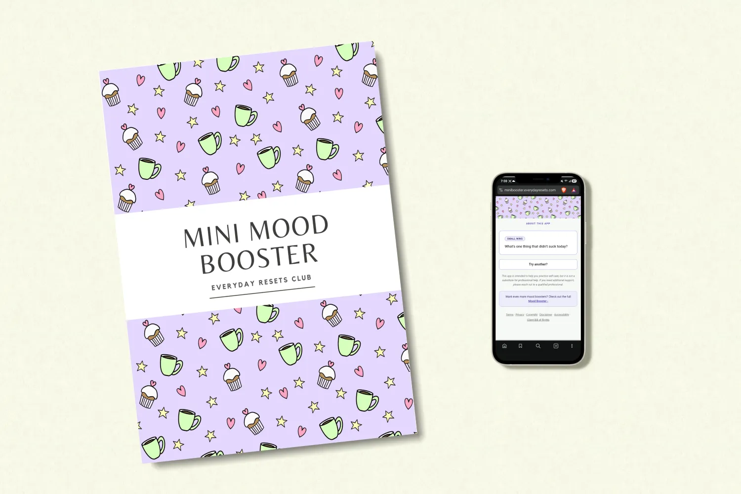 A printed version of the Mini Mood Booster sits next to a phone displaying a prompt from the Mini Mood Booster app.
