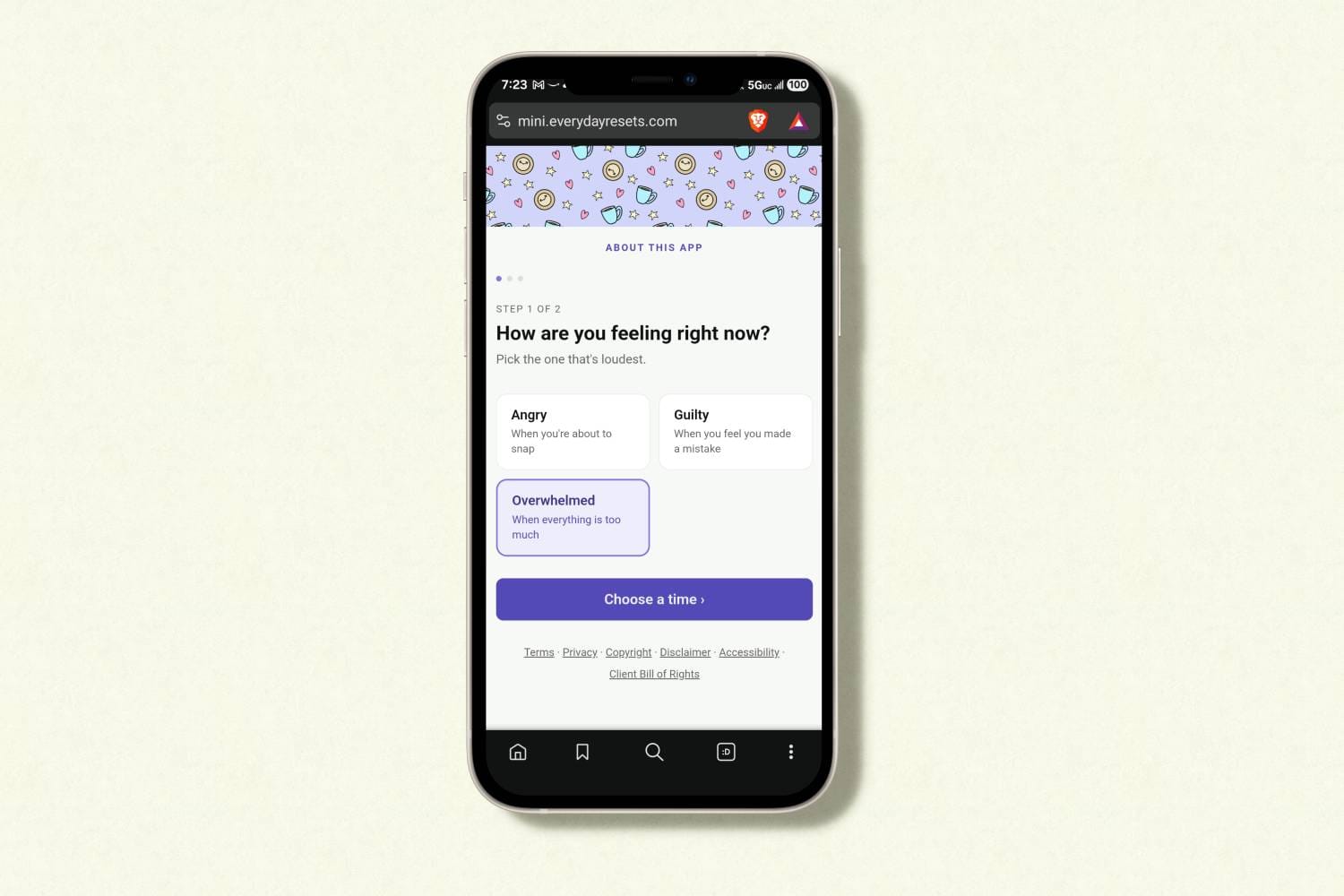 A phone screen displaying the Mini Reset Menu home screen. It asks "How are you feeling right now?" and gives three options: angry, guilty, or overwhelmed.