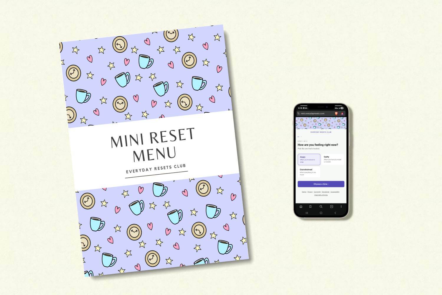 A printed version of the Mini Reset Menu is to the left of a phone displaying the Mini Reset Menu app.