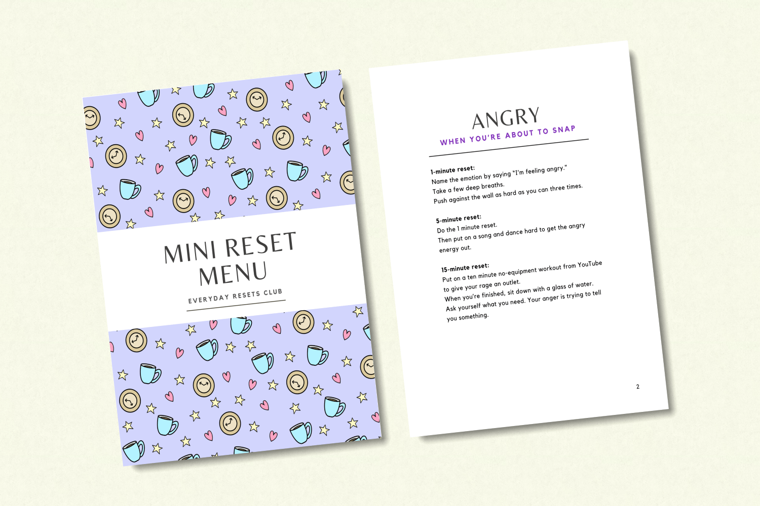 A print out of the Mini Reset Menu, showing the cover page and a set of resets for when you are feeling angry.