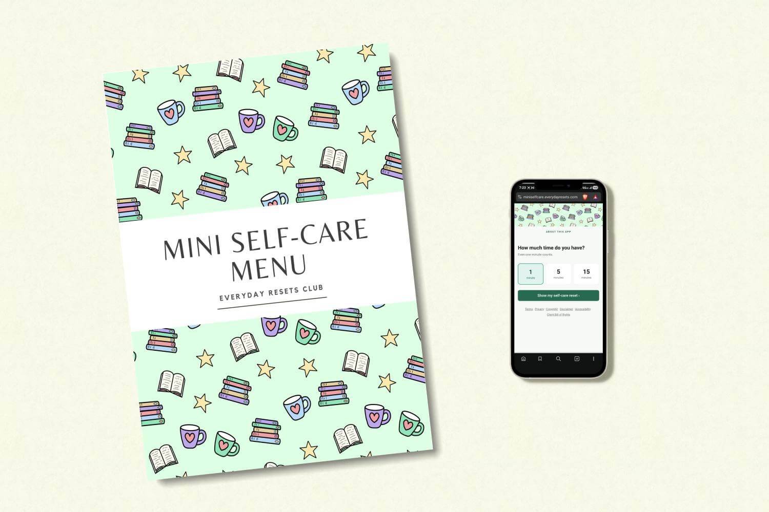 A printed version of the Mini Self-Care Menu sits next to a phone displaying the Mini Self-Care Menu app.