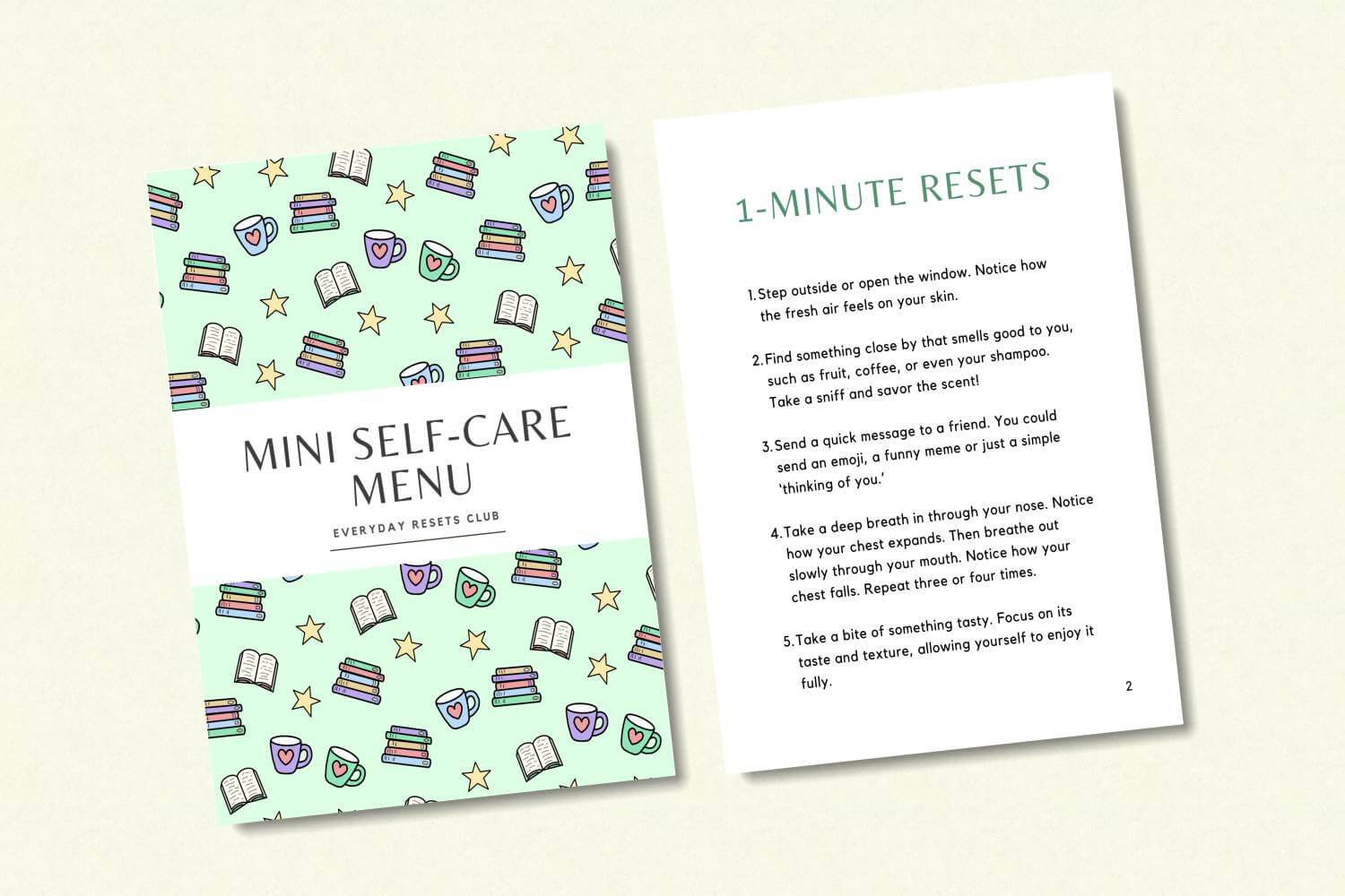 Two printed pages from the Mini Self-Care Menu. The first is the cover page, the second is a page displaying 1-minute self-care resets.