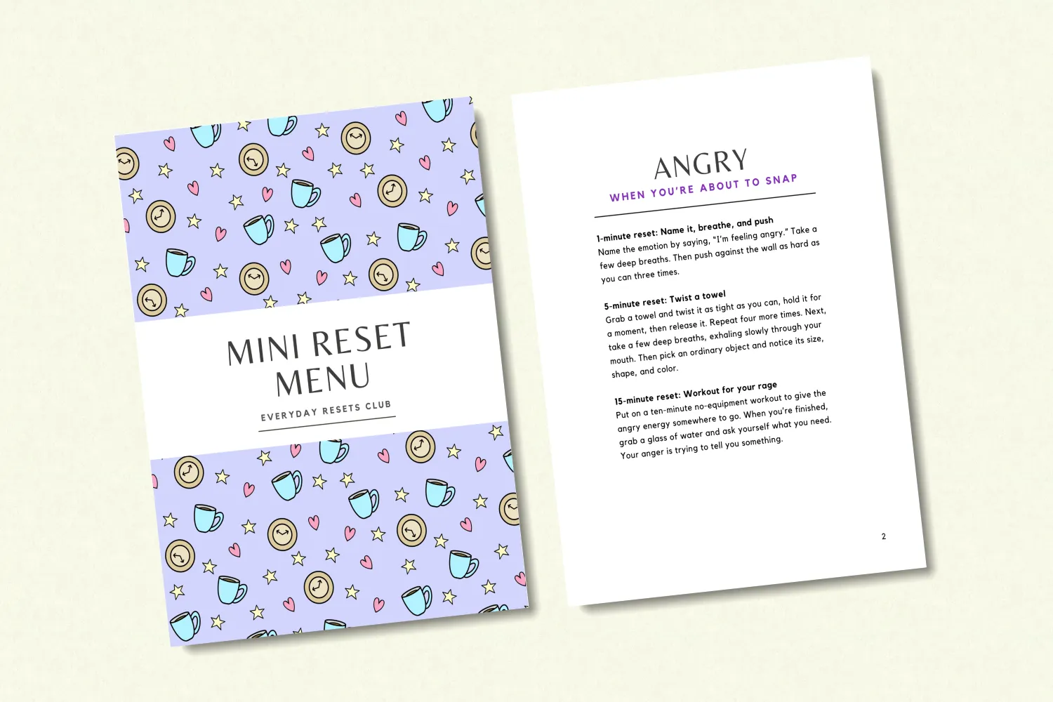 A print out of the Mini Reset Menu, showing the cover page and a set of resets for when you are feeling angry.