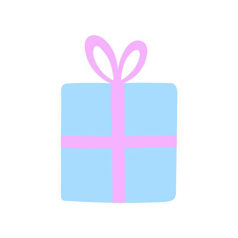 A blue present with a pink bow.
